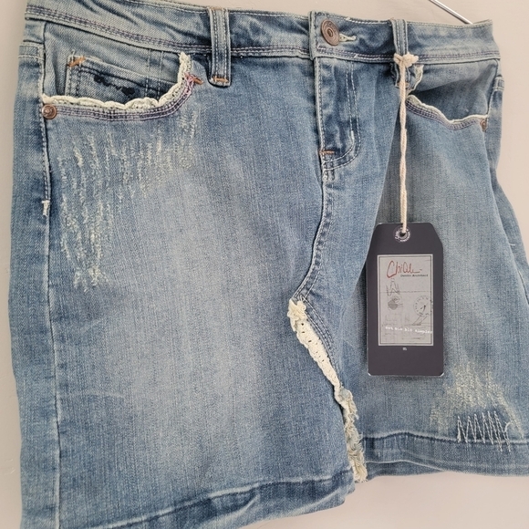 Chiqle Blue Denim Architect Skirt Size M Micro Jean Distressed Slit Zip Women - Picture 9 of 14